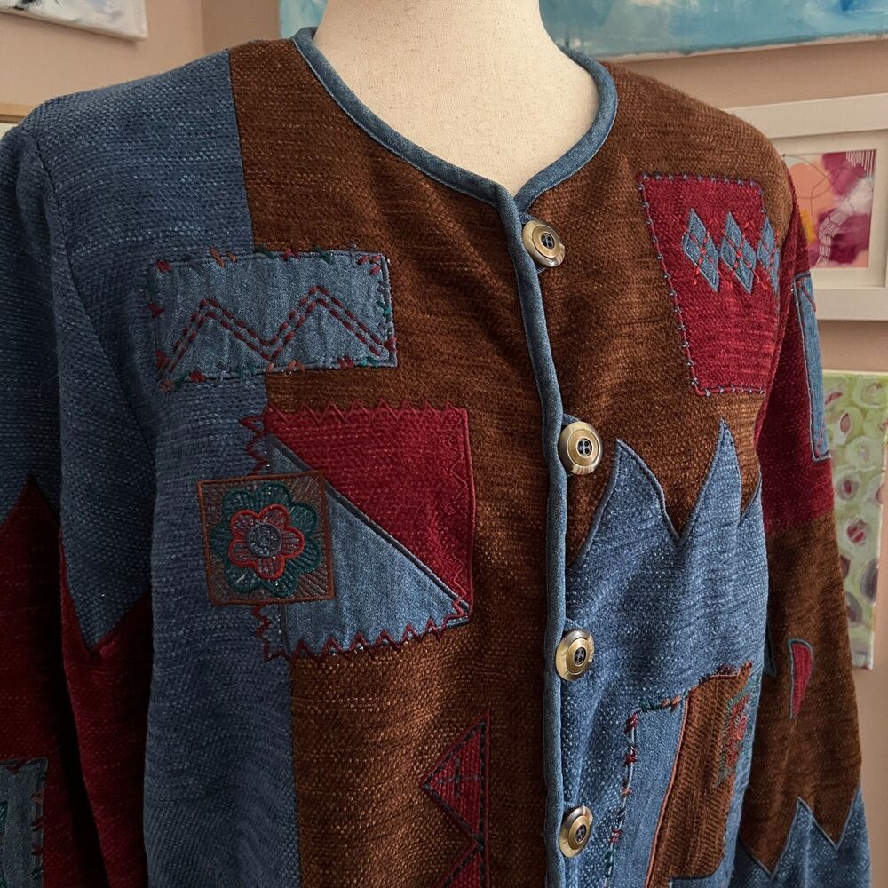 Vintage Koret City Blues Patchwork Chenille Jacket Geometric Boho Artsy Size M - Picture 2 of 8